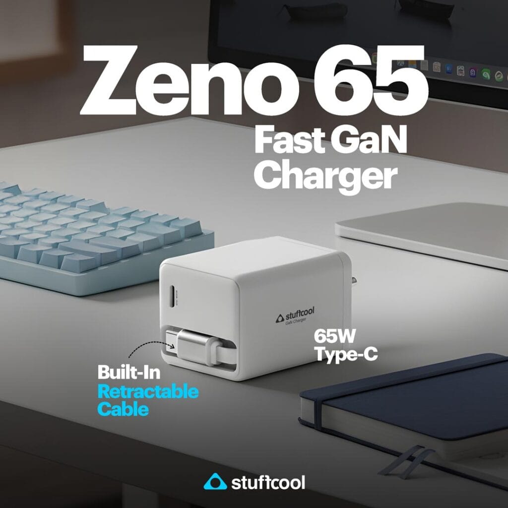 charger GaN 65W dengan kabel USB-C tarik-ulur pada Stuffcool Zeno 65 (Photo: Stuffcool, Samsung)
