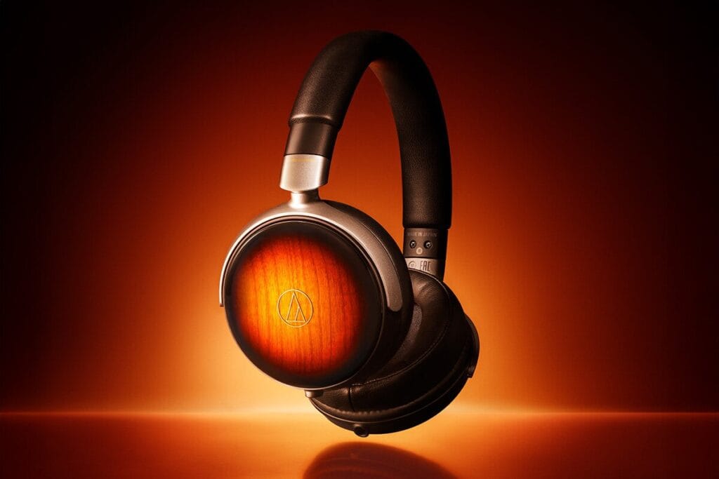Headphone untuk gitar dengan kayu ash pada earcup (Photo: Audio-Technica, Fujigen)