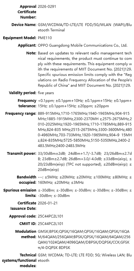 Kode model Oppo PMA110 PMA120 PME110 PHM110 pada sertifikasi (Photo: OPPO, UFCS) Kode model Oppo PMA110 PMA120 PME110 PHM110 pada sertifikasi (Photo: OPPO, UFCS)