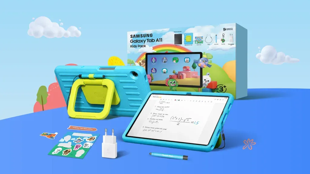 Samsung Galaxy Tab A11 Kids Pack dengan casing pelindung biru yang kokoh (Photo: Samsung, GadgetDIVA)