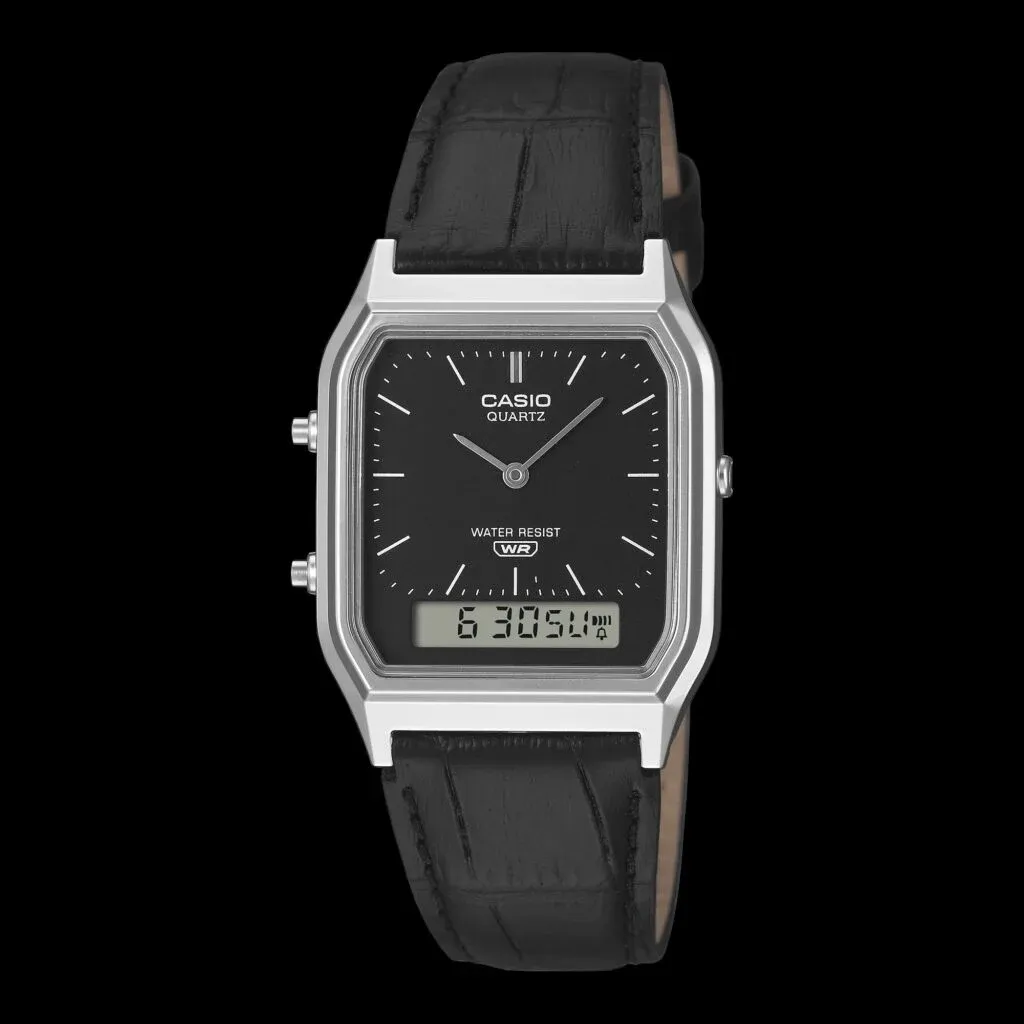Tampilan Casio AQ230EL-1A dengan dial hitam minimalis (Photo: Casio)
