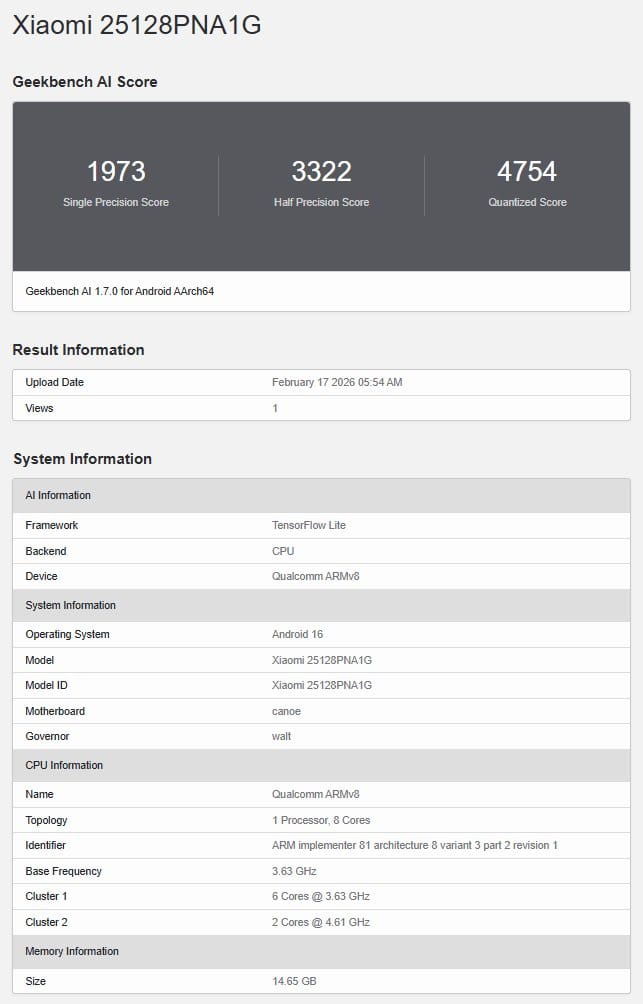 Xiaomi 17 Ultra Leica Edition versi global di database Geekbench AI (Photo: Xiaomi, Geekbench)
